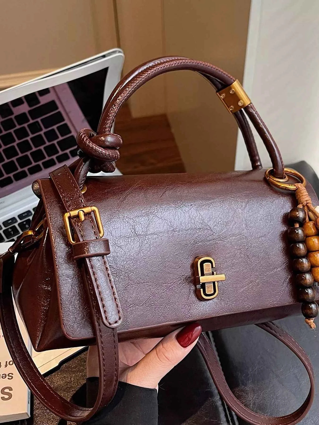 Leather Crossbody Bag with Bead Charm