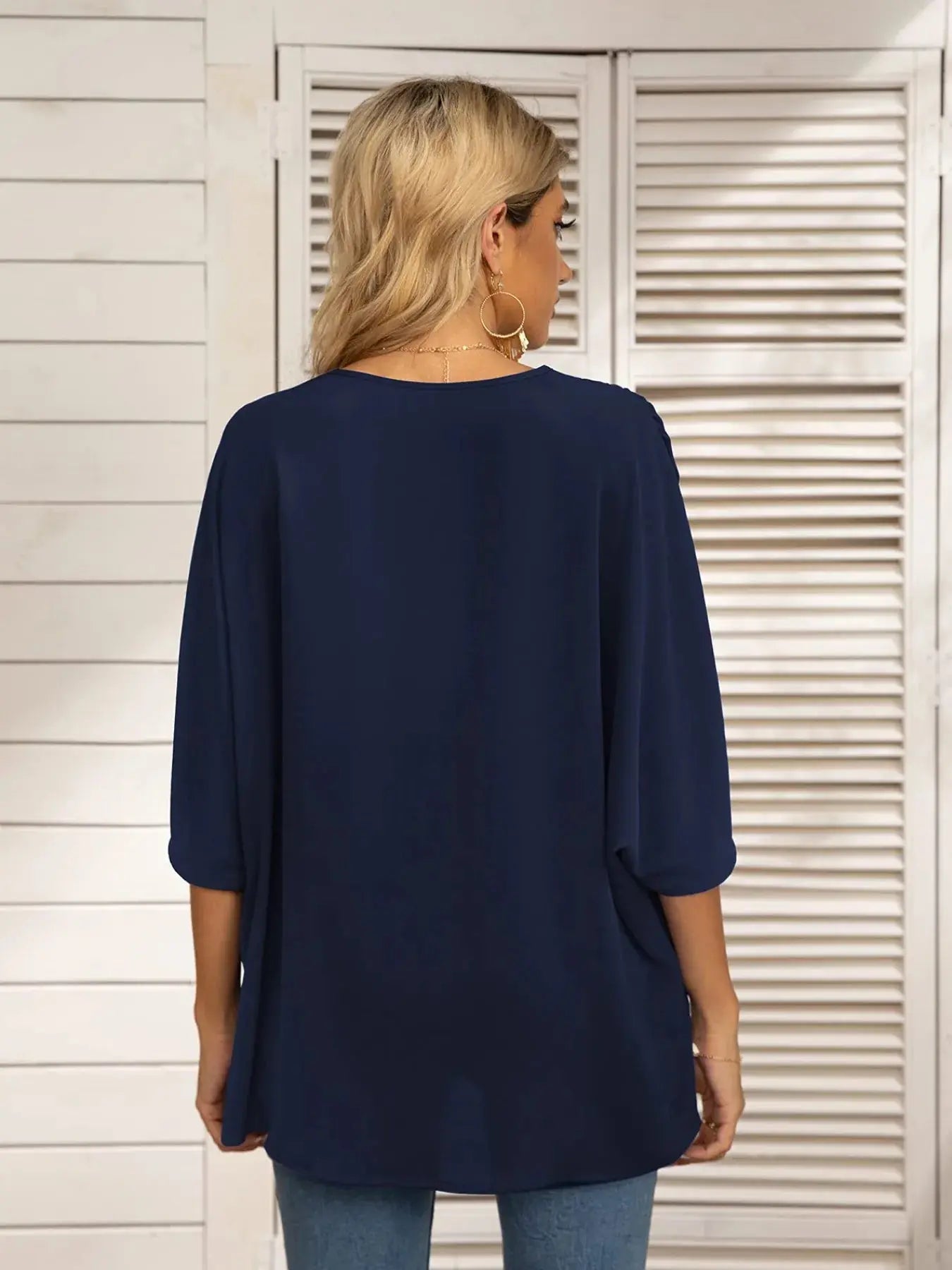 Printed Trim V-Neck Batwing Sleeve Blouse.