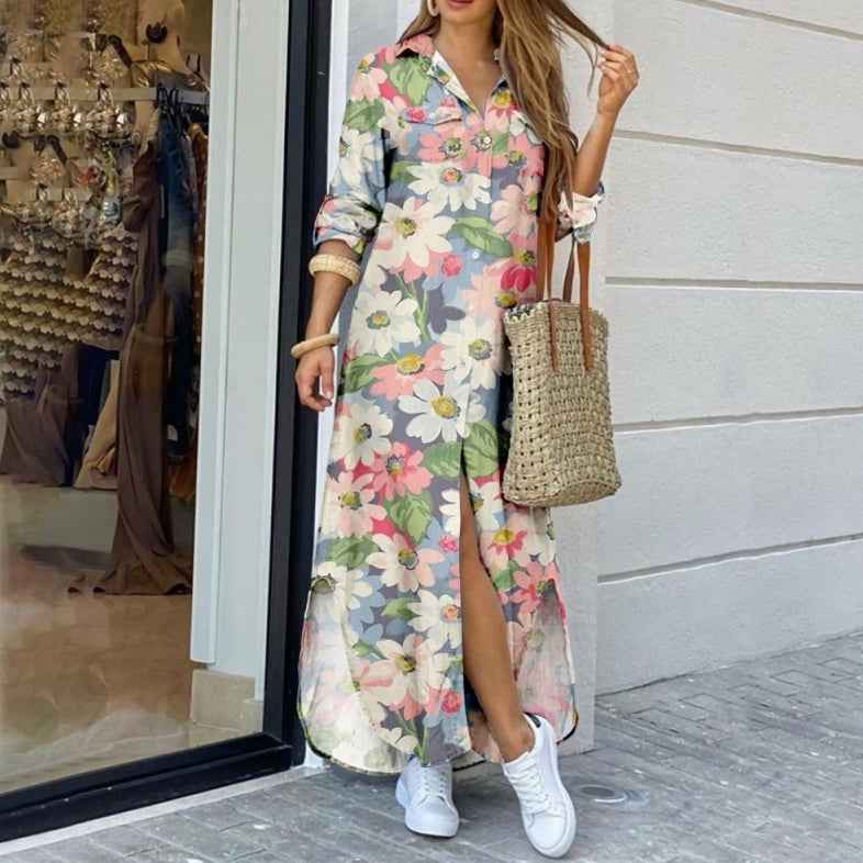Lapel-collar Long Shirt Dress For Women