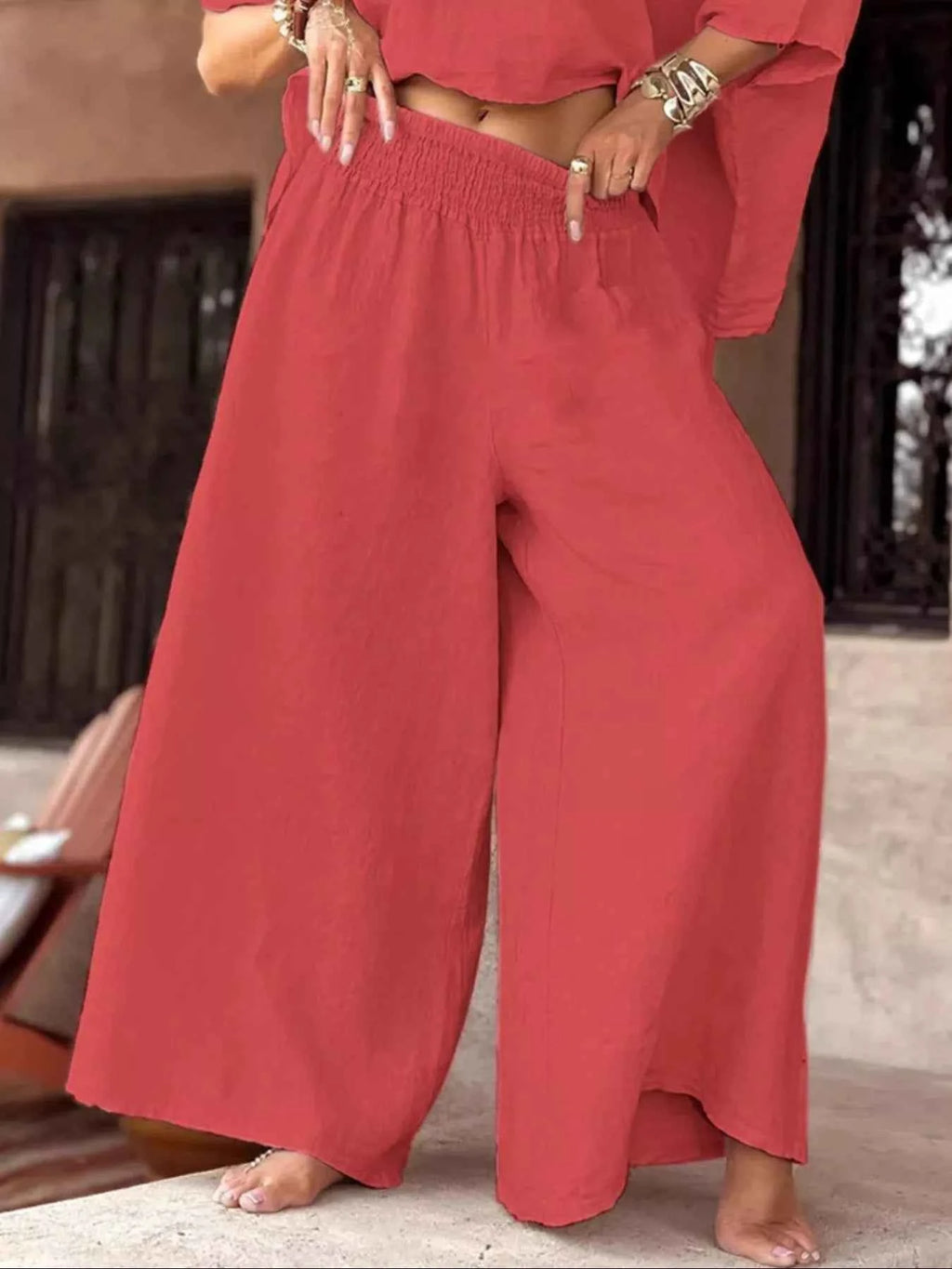 Full Size Boat Neck Top and Wide Leg Pants Set Plus Size.