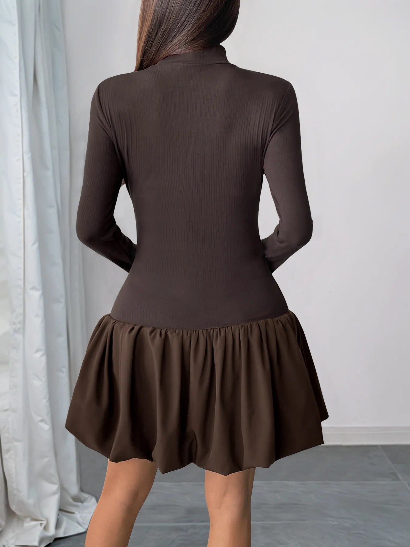 Mock Neck Long Sleeve Bubble Hem Dress.