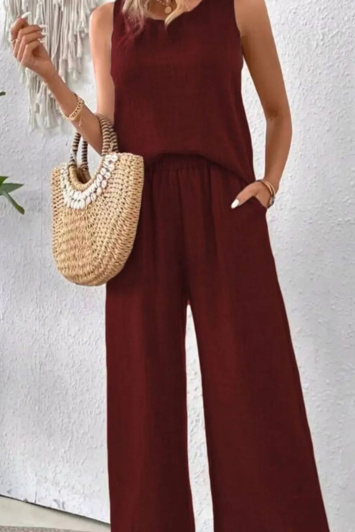 Round Neck Tank and Wide Leg Pants Set - CHIC TB