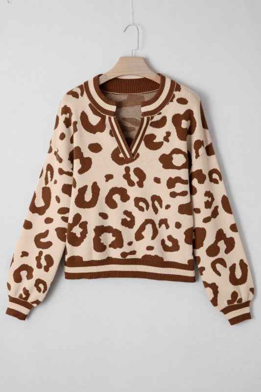 Leopard Knit V-Neck Sweater