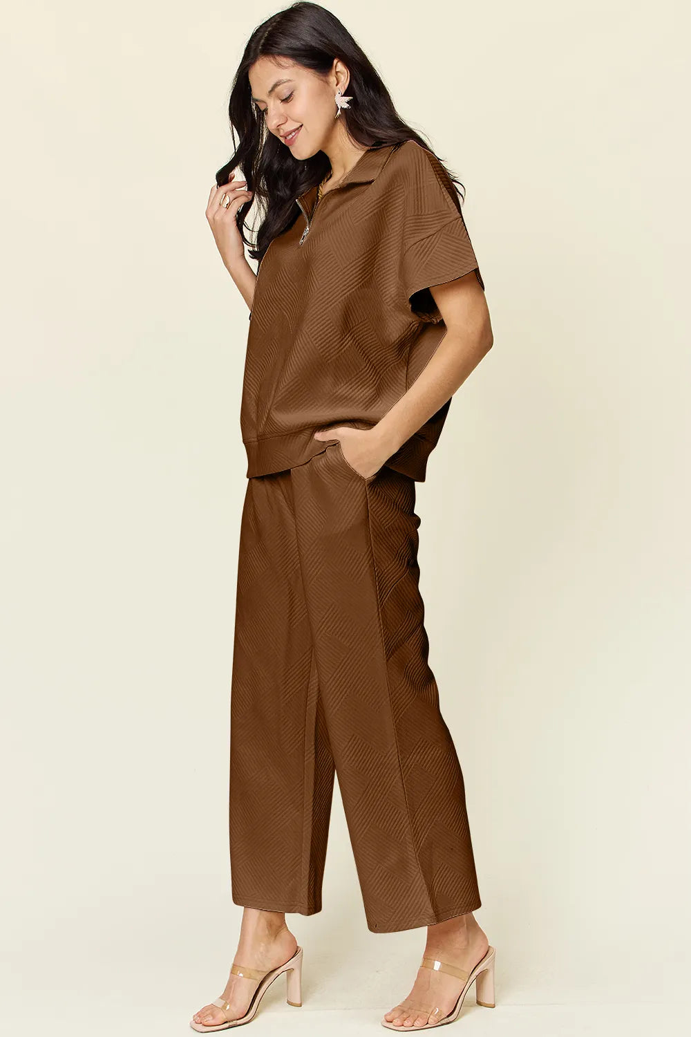 Double Take Full Size Texture Half Zip Short Sleeve Top and Pants Set - CHIC TB