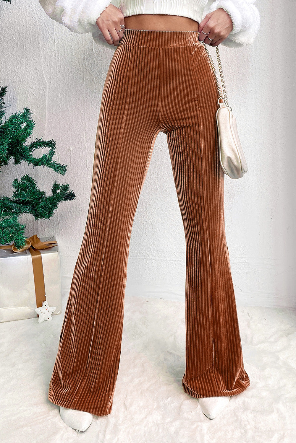 Chestnut Solid Color High Waist Flare Corduroy Pants Dear-Lover Dropshipping
