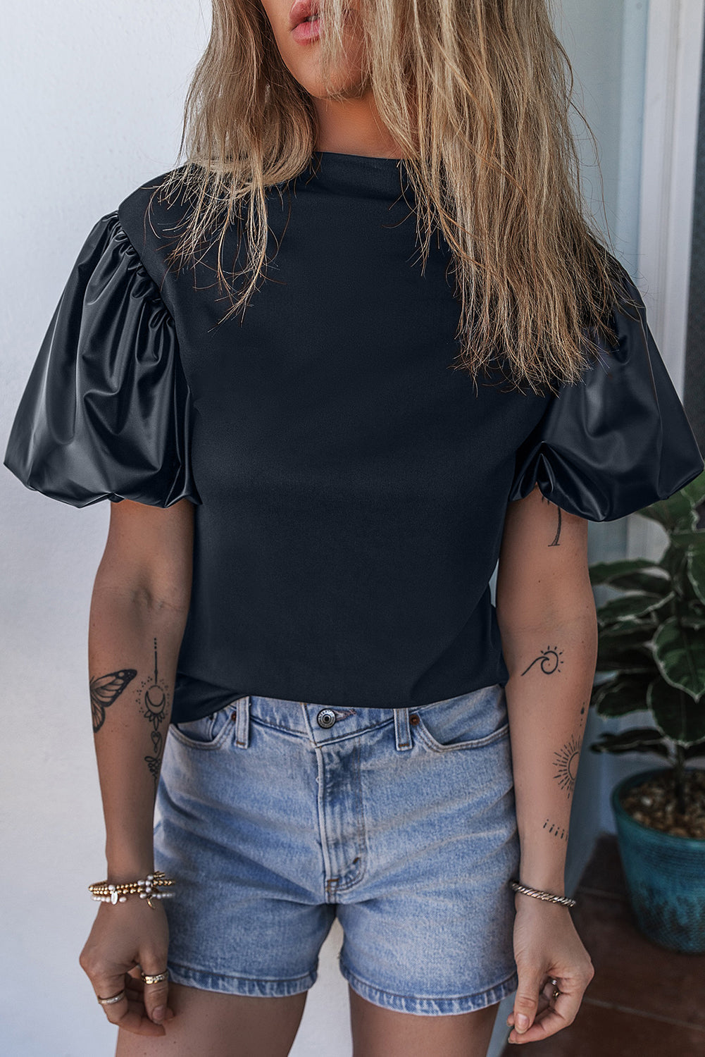 Black Faux Leather Puff Short Sleeve Mock Neck Top Dear-Lover Dropshipping