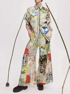 Printed Button Up Shirt And Drawstring Pants Two Piece Set
