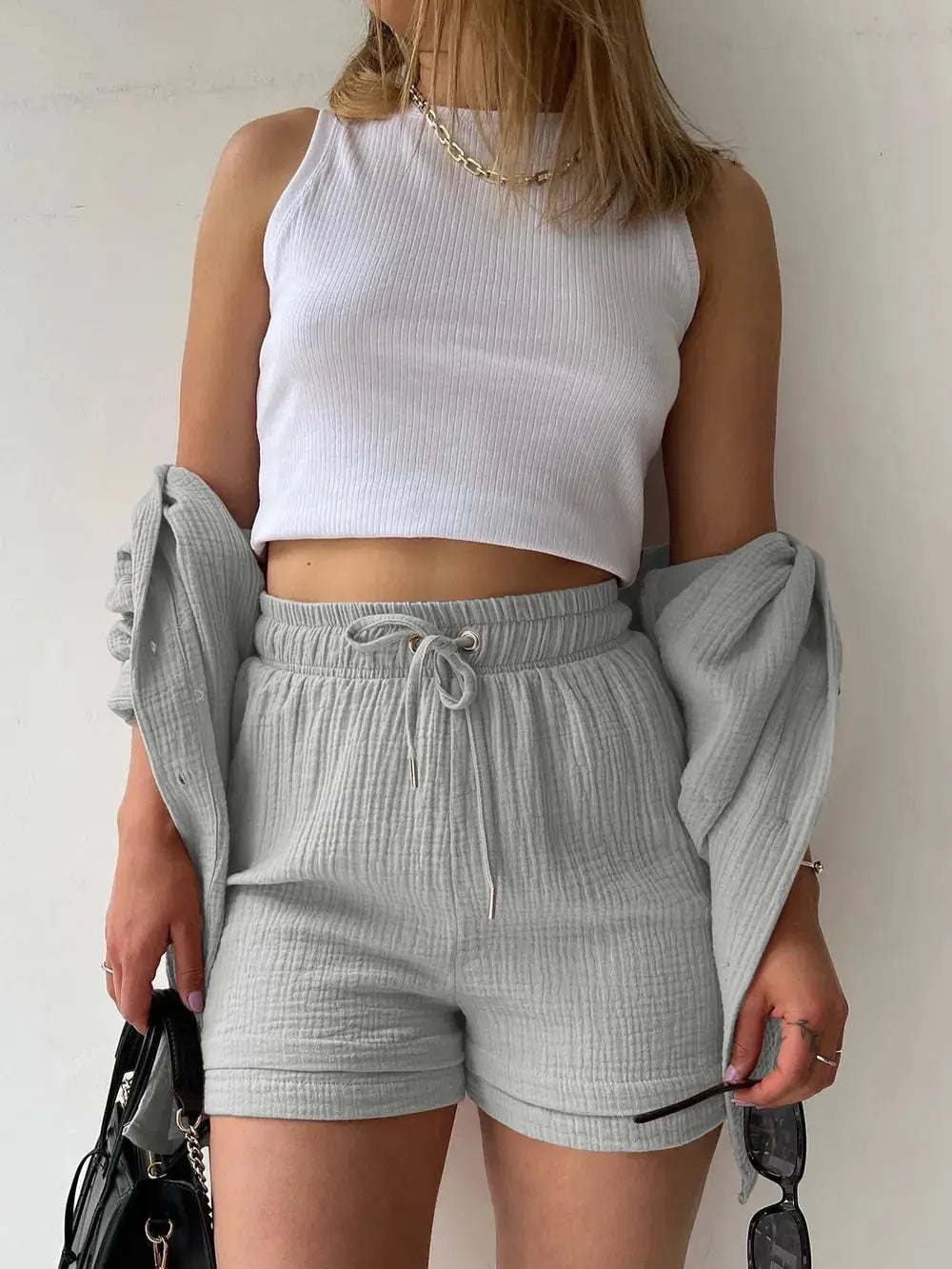 Texture Button Up Shirt and Drawstring Shorts Set - CHIC TB