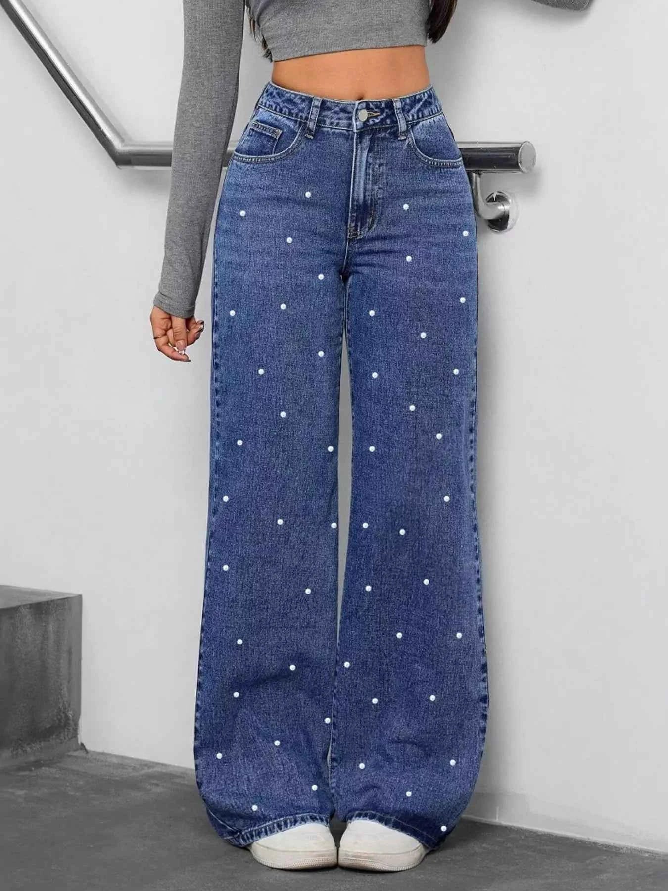 Pearl Embellished Wide Leg Jeans