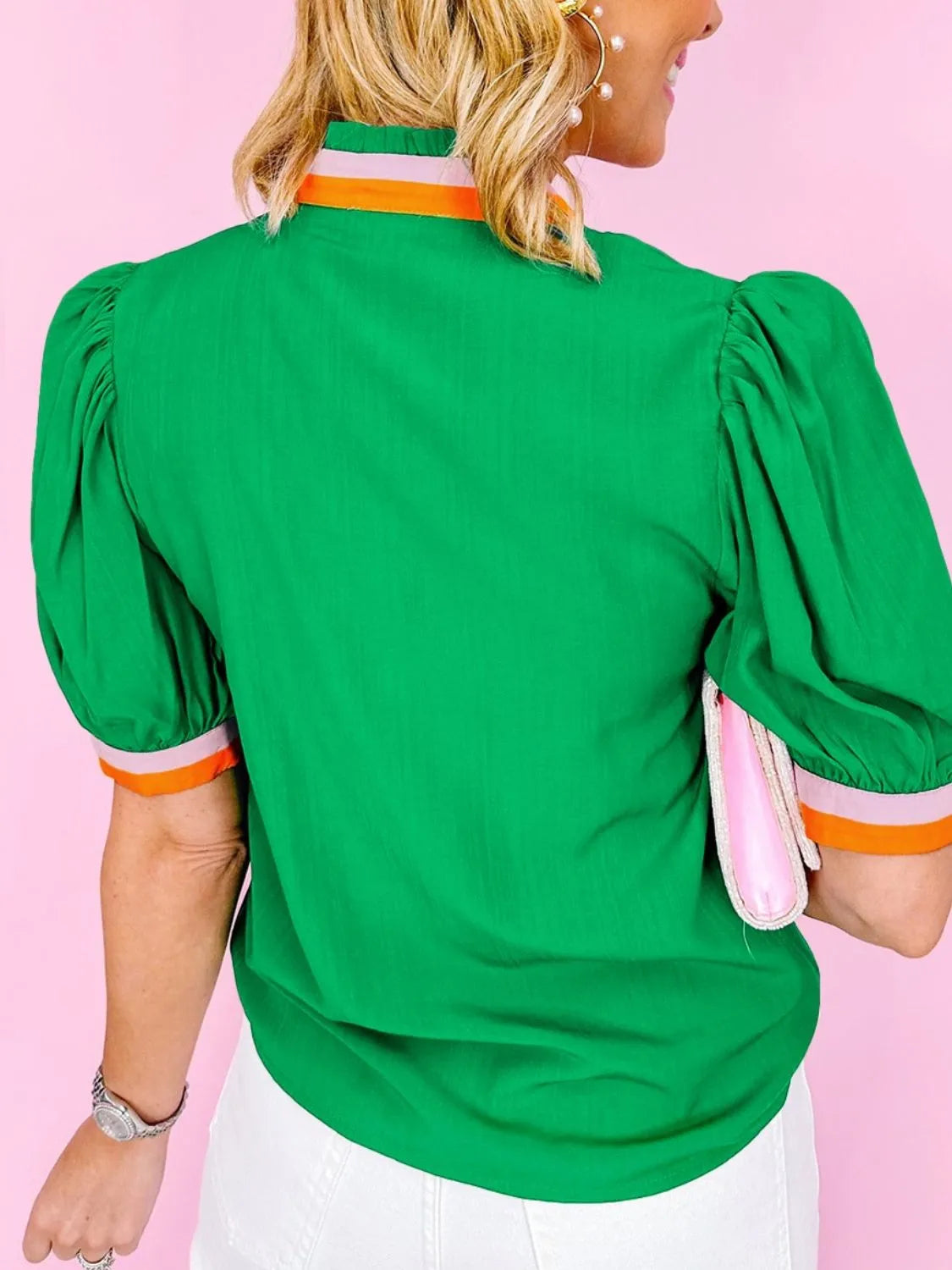 Carrot Colorful Trim V Neck Short Sleeve Blouse.