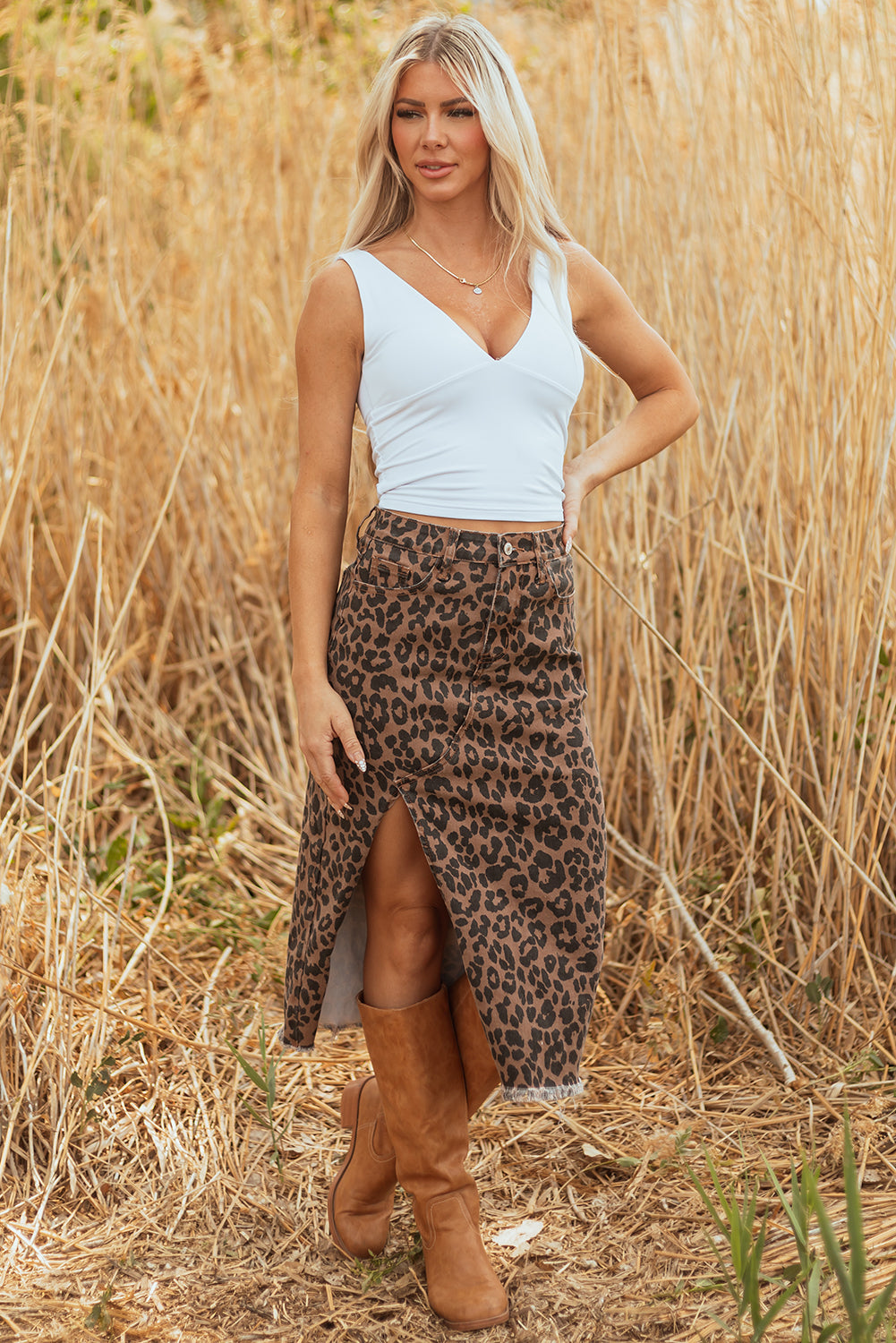 Brown Leopard Denim Frayed Split Denim Midi Skirt Dear-Lover Dropshipping