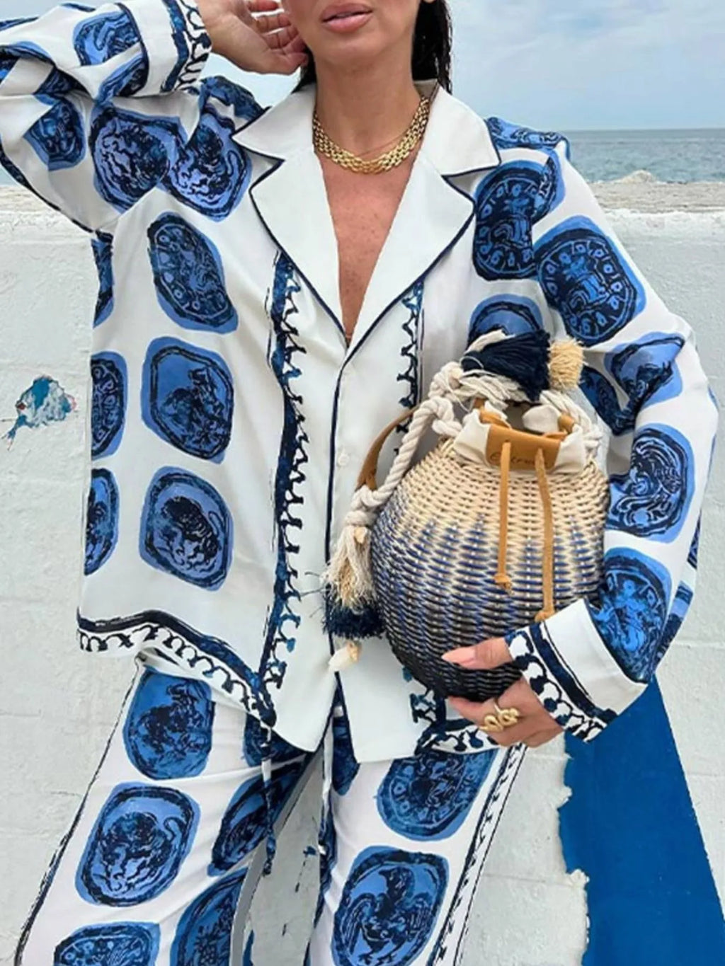 Printed Button Up Shirt and Pants Set.