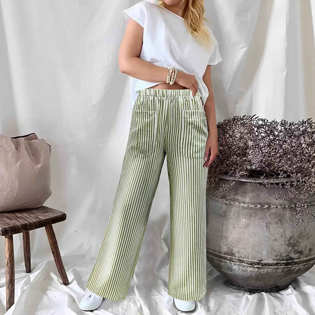 Fall Winter New Women's Loose Striped Pocket Fashion Casual Wide Leg Pants