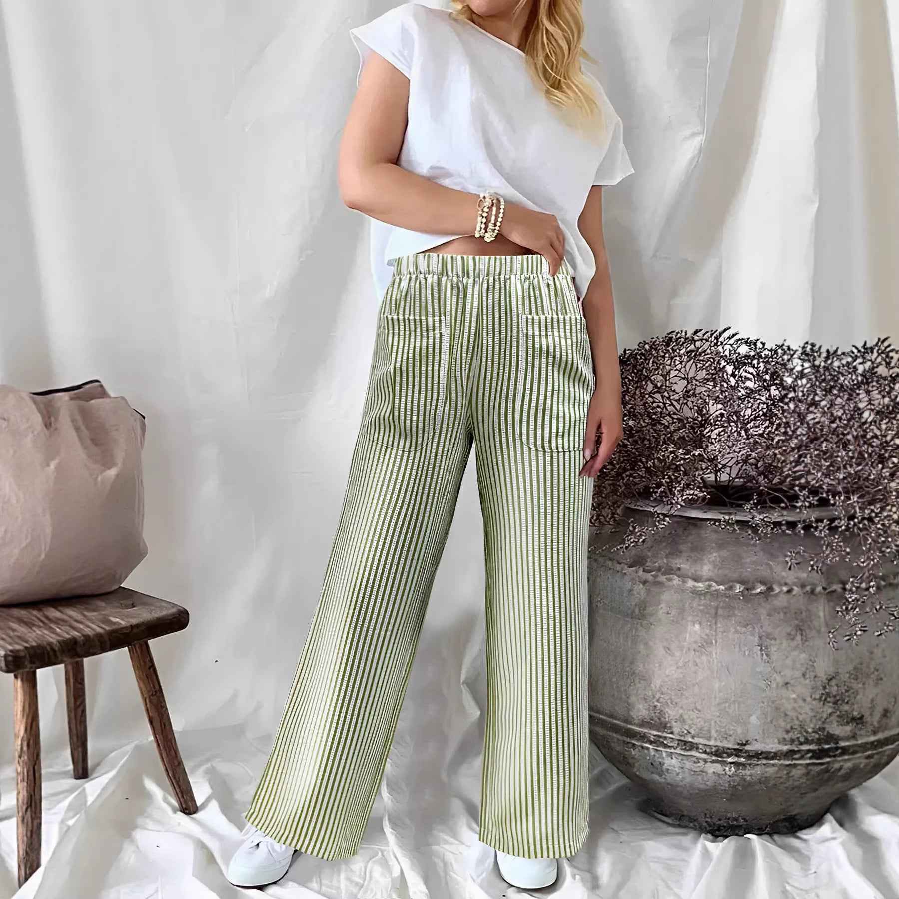 Fall Winter New Women's Loose Striped Pocket Fashion Casual Wide Leg Pants