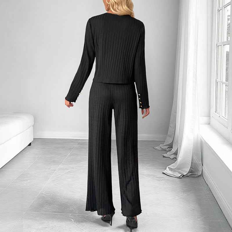 Elegant Casual Minimalist Style Coat and Solid Color Wide-Leg Pants Set for Women