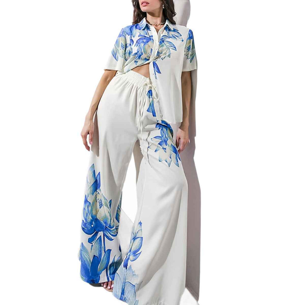 Summer  Printed Wide-Leg Pants Set for Women, Casual Fashion Two-Piece Set, Blue Floral Tie-Up Shirt