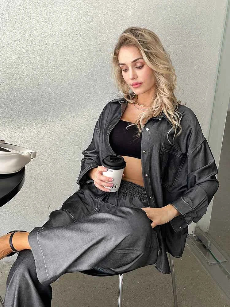 Chic Denim Two-Piece Pant Set – Long Sleeve Blouse & High-Waist Pants Outfit