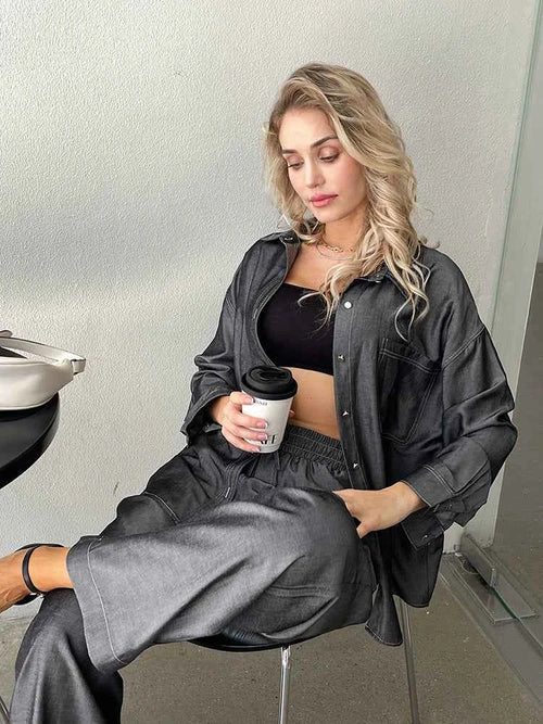 Chic Denim Two-Piece Pant Set – Long Sleeve Blouse & High-Waist Pants Outfit