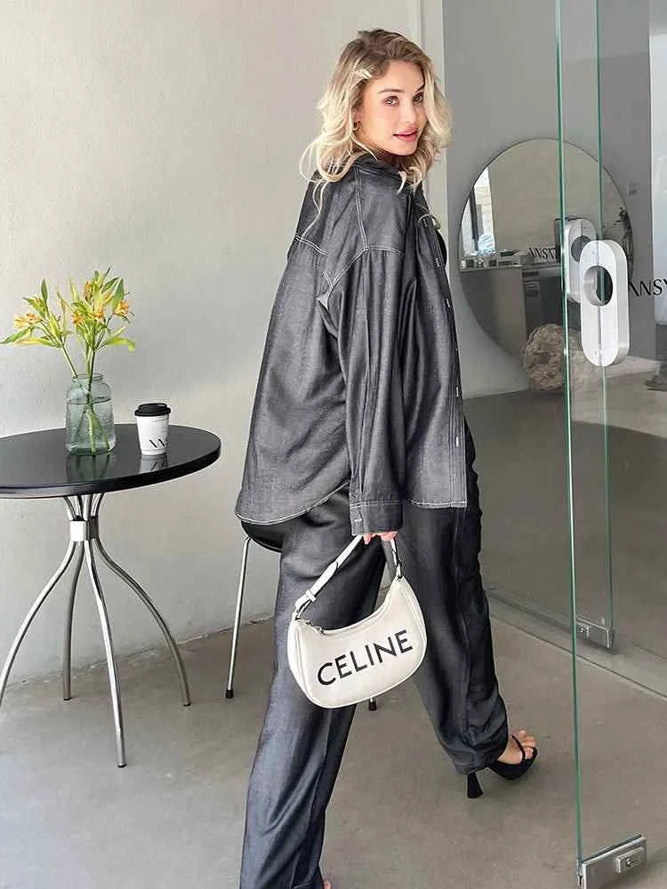 Chic Denim Two-Piece Pant Set – Long Sleeve Blouse & High-Waist Pants Outfit