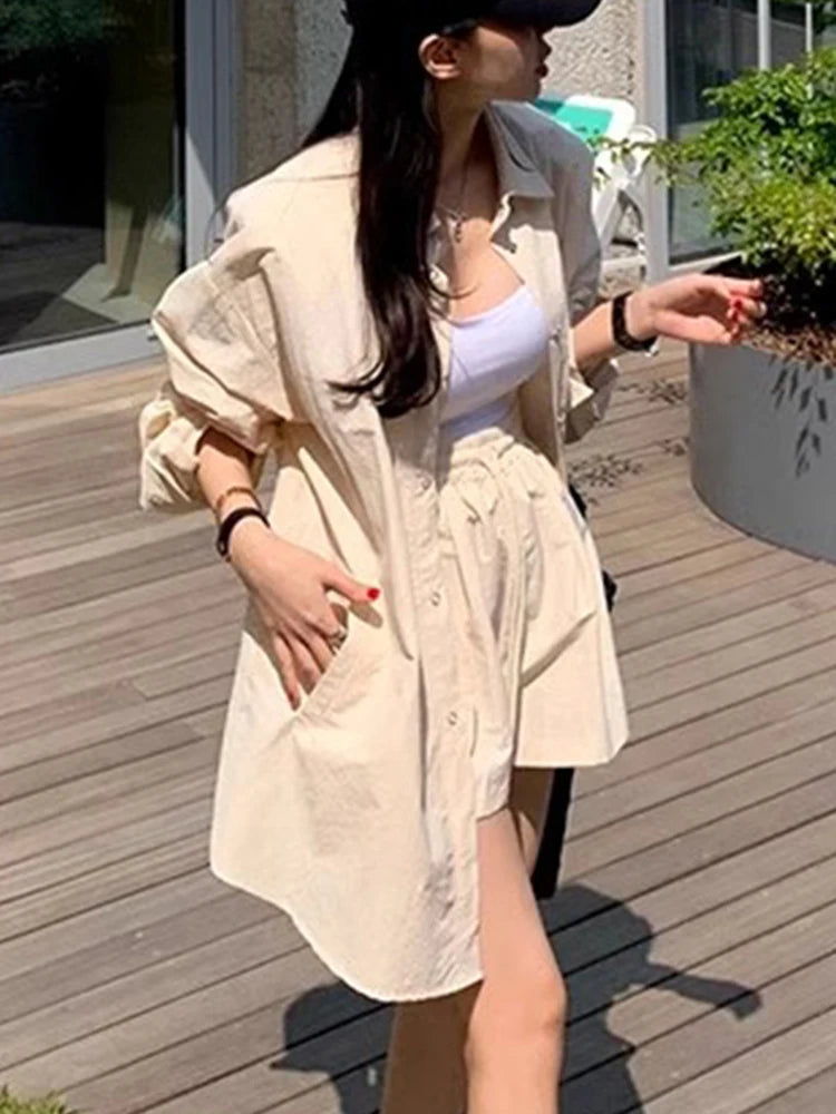 Sunscreen clothing loose fitting mid length shirt+elastic shorts two-piece set