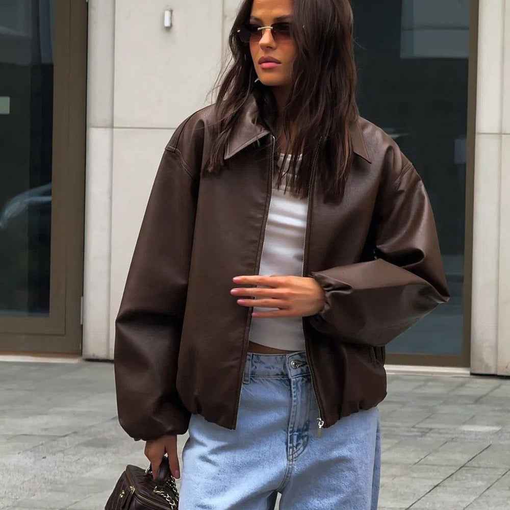 Zipper style faux leather jacket for women's clothing