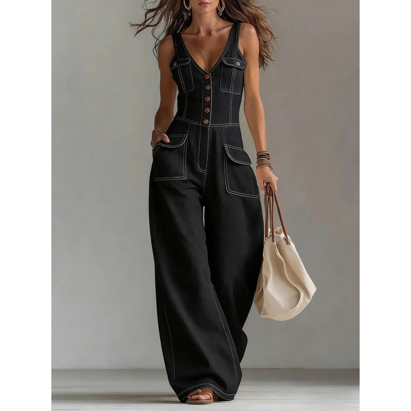 Washed Denim Straight Loose Sleeveless Strap Jumpsuit eprolo