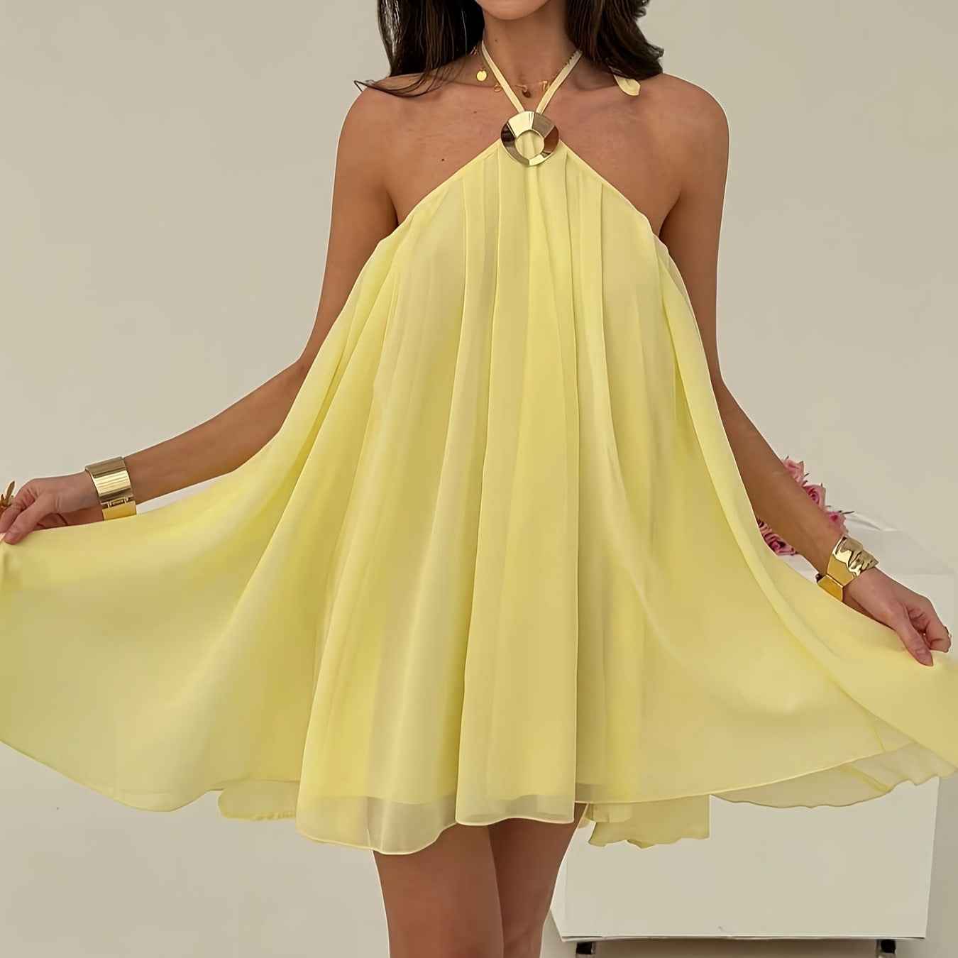 Halter neck tie-up dress yellow sleeveless export women's backless sexy strap dress
