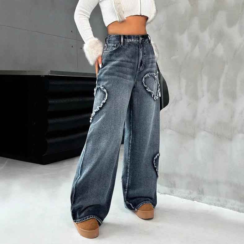 Style Street Retro Heart Frayed Patchwork Heavy Washed Denim Women's Loose Straight Leg Wide Leg Pants Ins