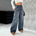 Style Street Retro Heart Frayed Patchwork Heavy Washed Denim Women's Loose Straight Leg Wide Leg Pants Ins