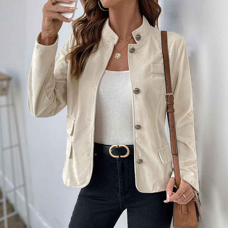 Retro style slim fit stand up corduroy apricot coat