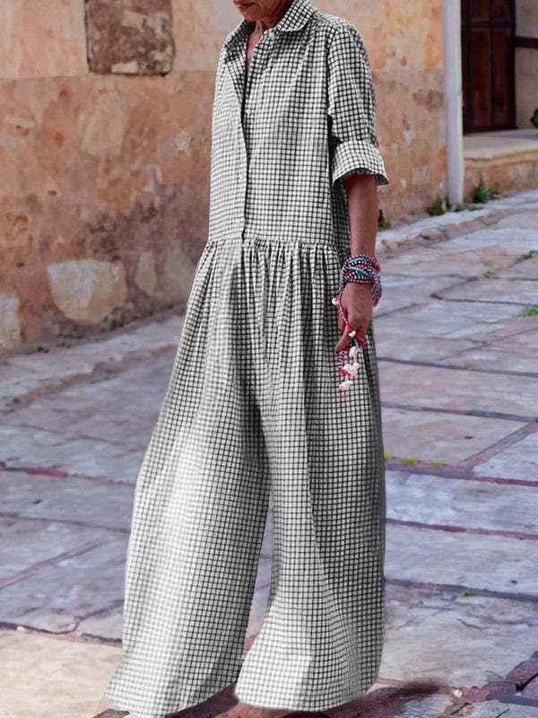 Fashion  Style Plaid Shirt Collar Long Sleeve Jumpsuit