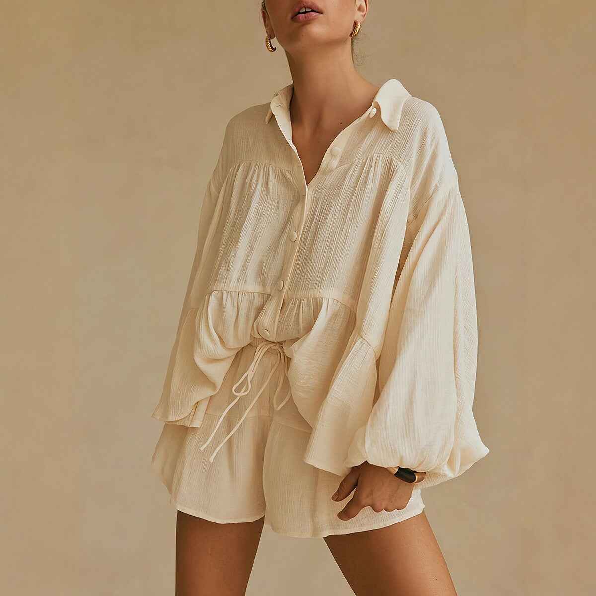 Lantern Sleeve Shirt and Shorts Set for Women, Loose Belted Casual Vacation Two-Piece Outfit