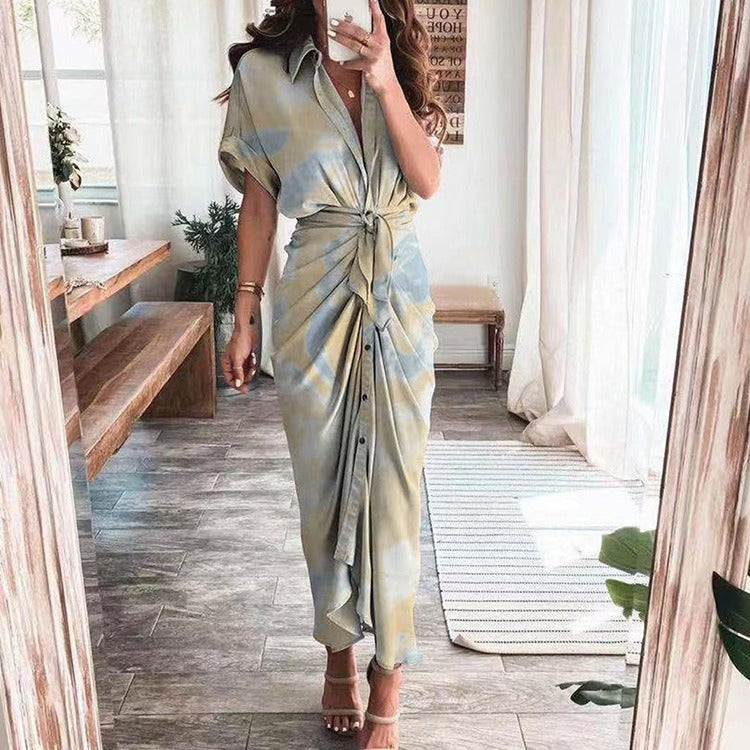 Autumn new short sleeved temperament commuting high waisted printed long dress