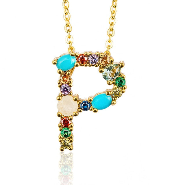 Multicolor charm Gold pendant Necklace micro pave zircon initial 26 letter necklaces Couple Name necklace Christmas gift