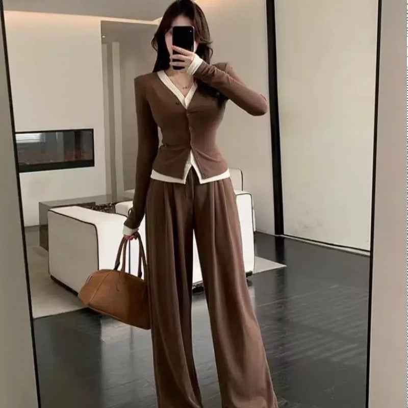 Two-Piece Set with Illusion Two-Piece Design Slimming Top + High-Waisted Slimming Wide-Leg Pants