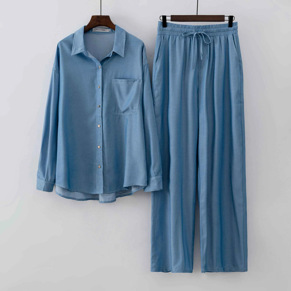 Chic Denim Two-Piece Pant Set – Long Sleeve Blouse & High-Waist Pants Outfit