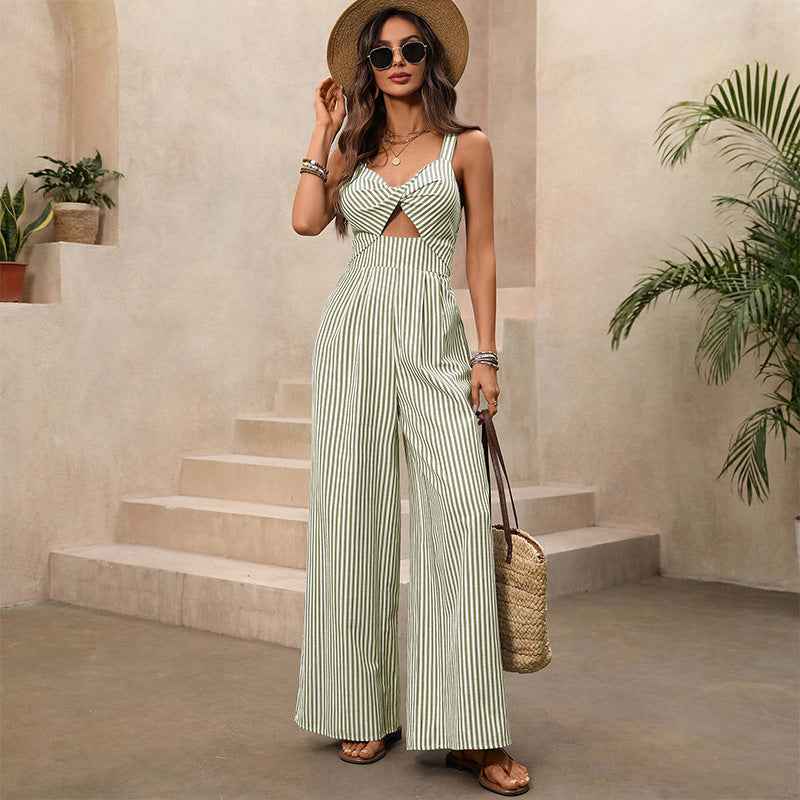 Striped Hollow-Out Knotted Backless Jumpsuit