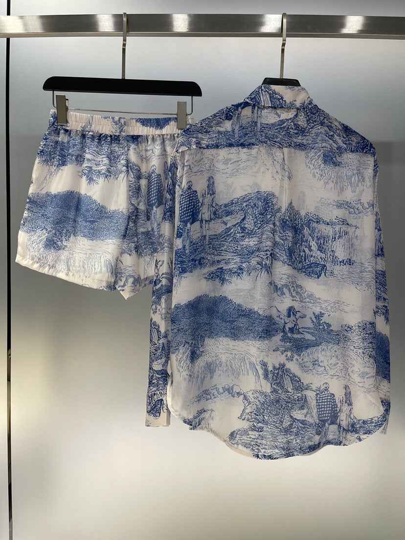 Ink painting, landscape painting, printing, lazy sun protection, high-end shirt+shorts, two piece set in blue