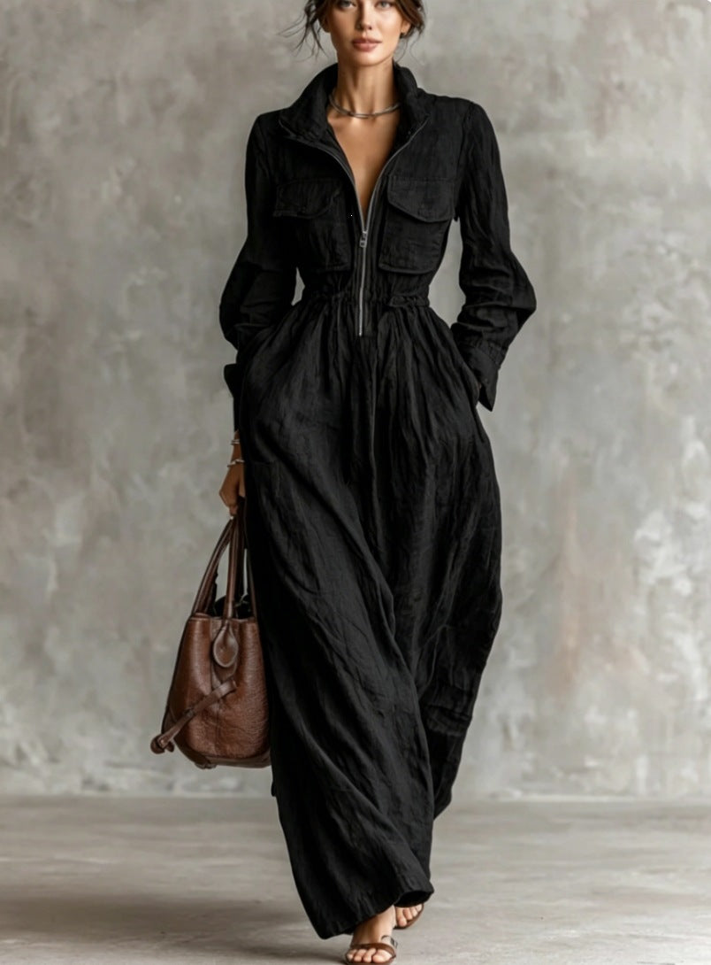 Women's Zipper Collar Elastic Waist Long Dress eprolo