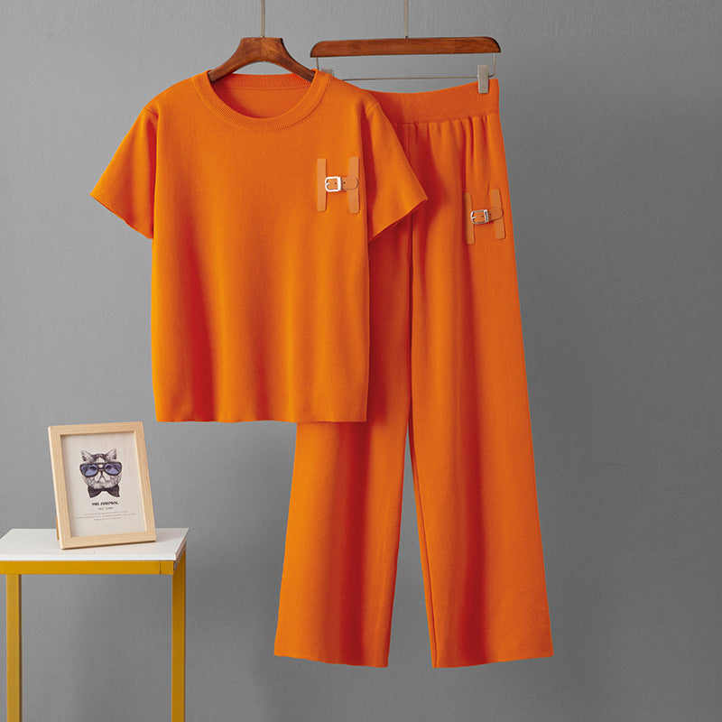 Two piece set of loose letter T-shirt and wide leg pants for women