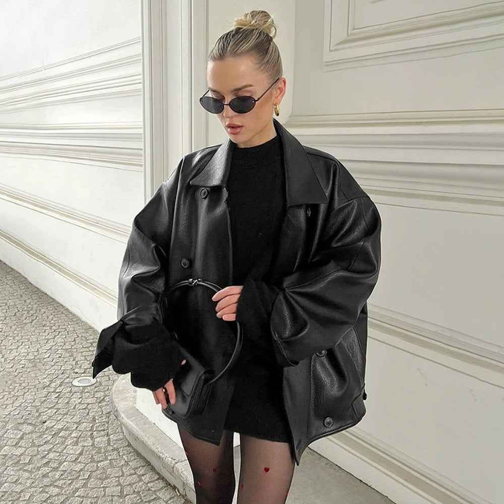 Loose suit collar leather mid length jacket for women