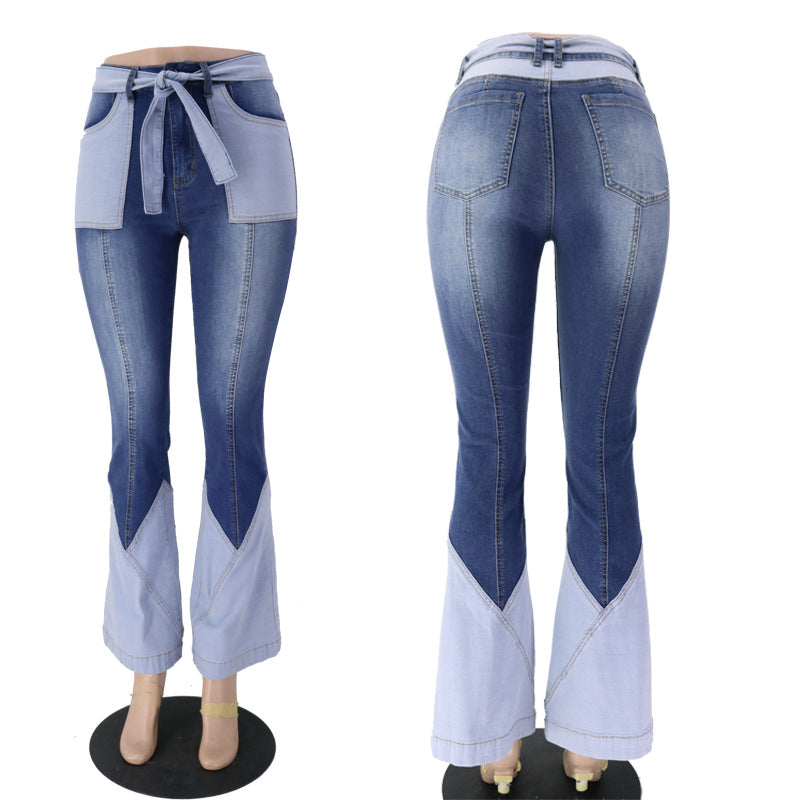 Retro high waisted two-color spliced waistband, high-quality European and American women's denim flared pants