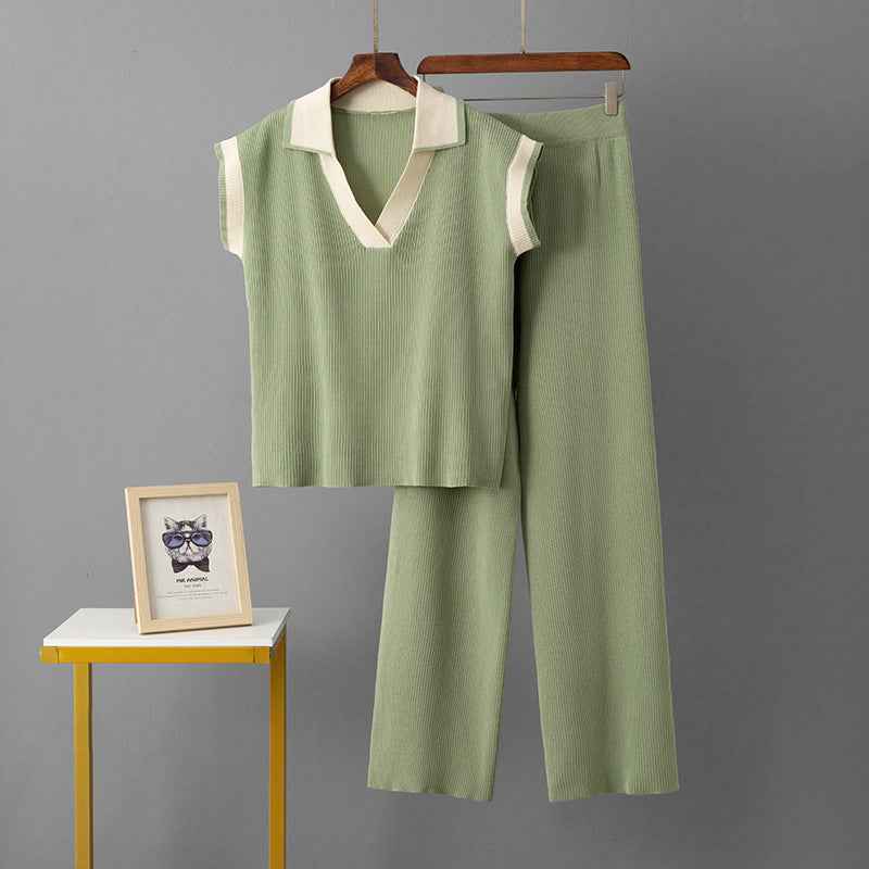Solid Color Loose Sleeveless Knit Top + Sporty Fitted Wide-Leg Pants Two-Piece Set for Women