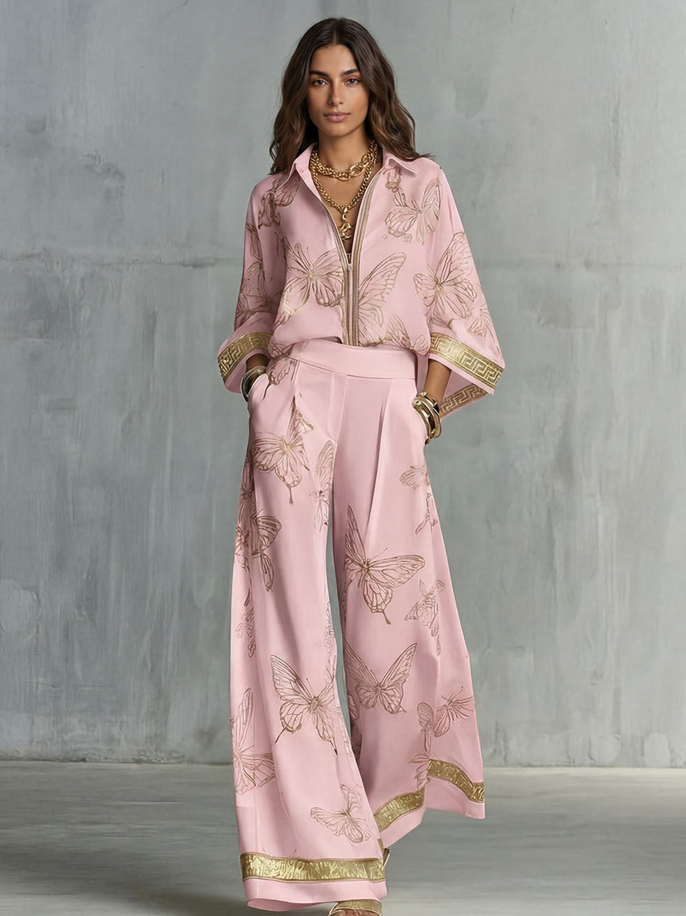 Style Women's Retro Printed Sexy Deep V Neck Loose Zipper Top with Wide Leg Pants Two-Piece Set eprolo