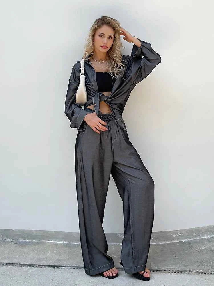 Chic Denim Two-Piece Pant Set – Long Sleeve Blouse & High-Waist Pants Outfit