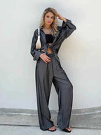 Chic Denim Two-Piece Pant Set – Long Sleeve Blouse & High-Waist Pants Outfit