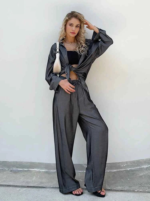 Chic Denim Two-Piece Pant Set – Long Sleeve Blouse & High-Waist Pants Outfit