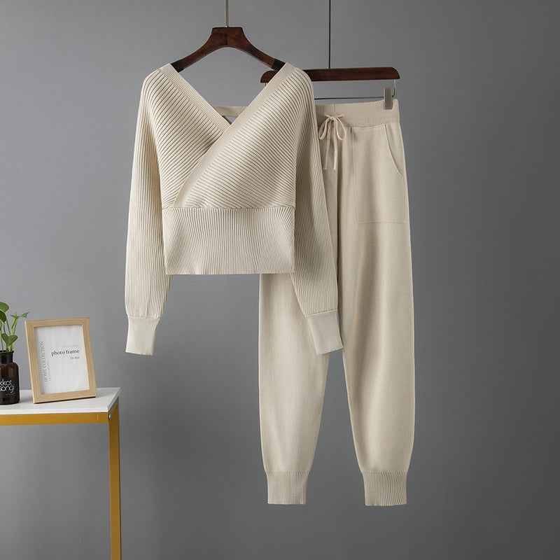Sexy V-Neck Sweater + Casual Sport Pants Two-Piece Set for Women