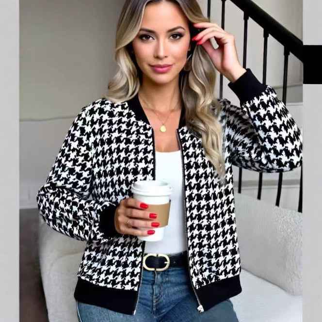 Thousand Bird Grid Jacket Short Coat Long Sleeve Baseball Jacket