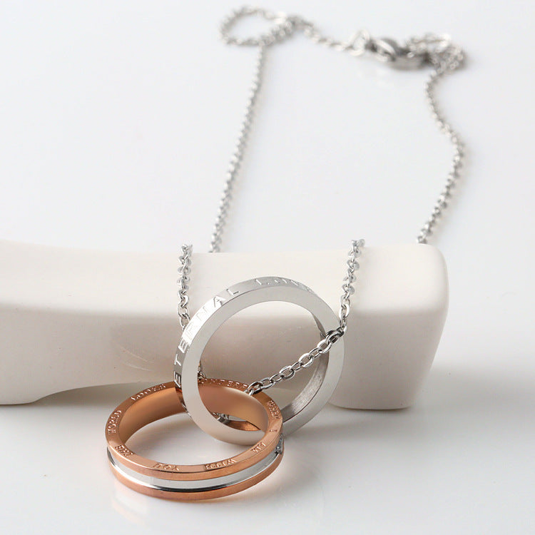 LOVE Letter Necklace Female Niche Design Light Luxury Couple Diamond Double Ring Pendant Titanium Steel Necklace